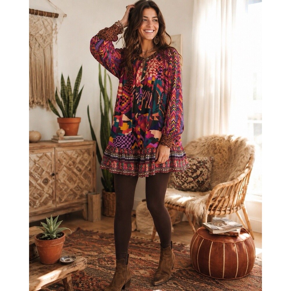 FARM Rio Mixed Abstract Patches Mini Dress Size Large Tunic Top *NO BELT! Boho
